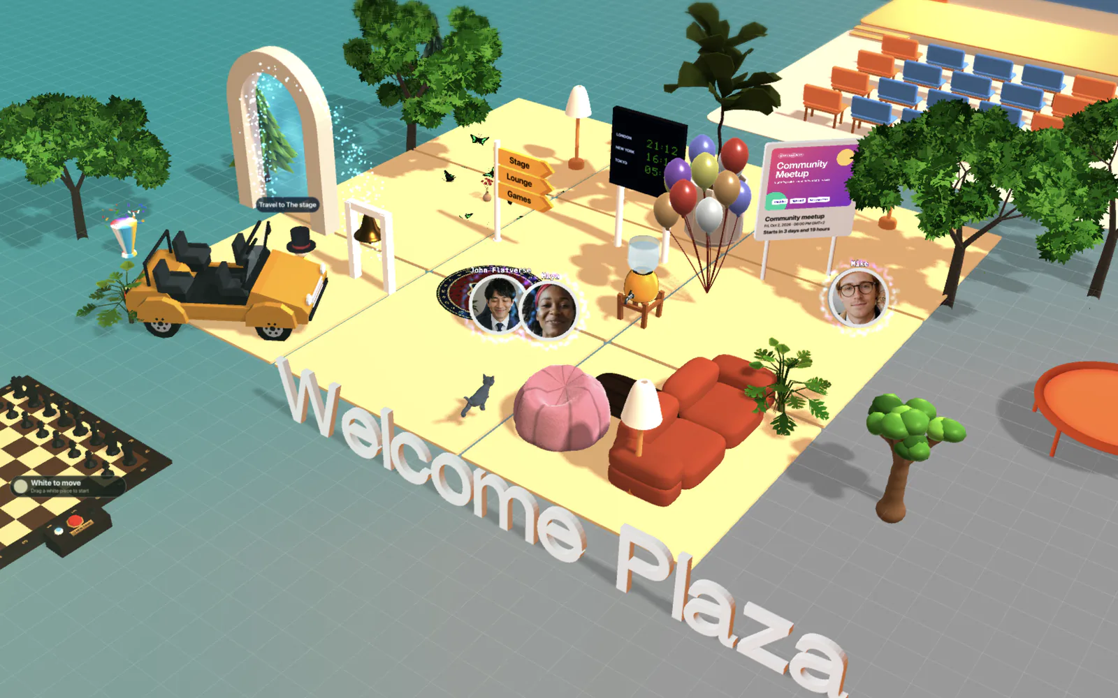 Spatial room showing an avatar close to a talking group with a distance range indicator