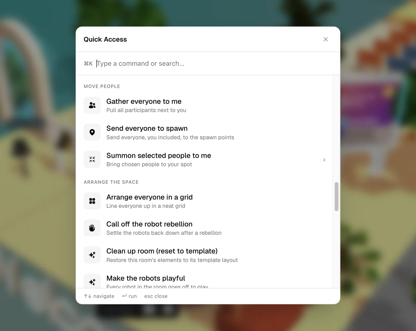Quick Access showing the Move people and Arrange the space host commands