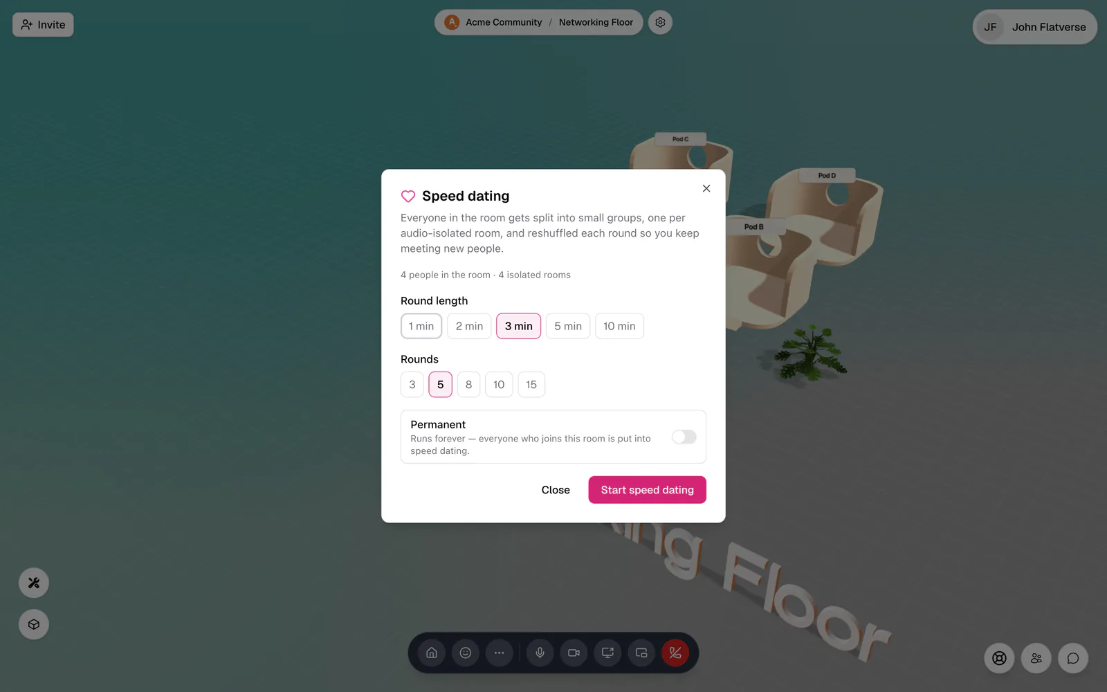 The Speed dating dialog with round length, rounds, and the Start button