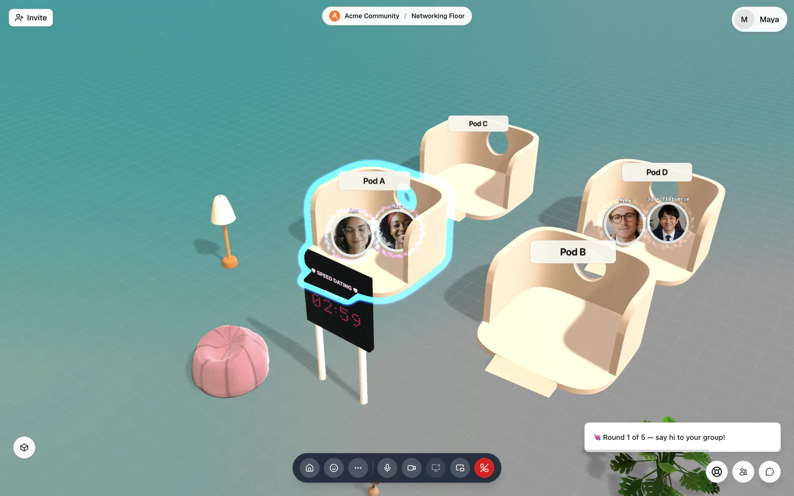 People in pods during a speed networking round with the banner countdown