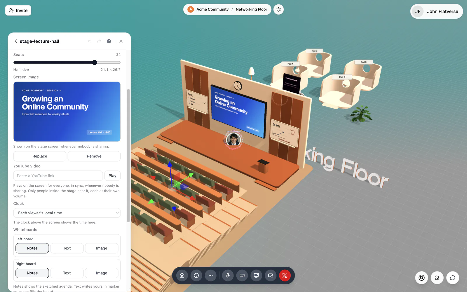Stage settings in build mode: seats, hall size, screen image, YouTube video, clock, and whiteboards