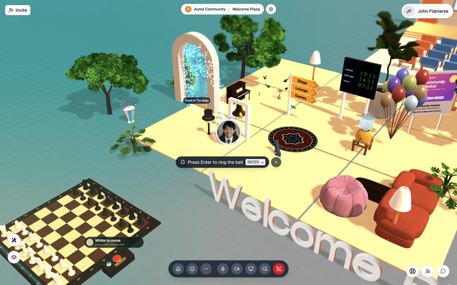 The Enter prompt pill under an avatar standing next to a bell