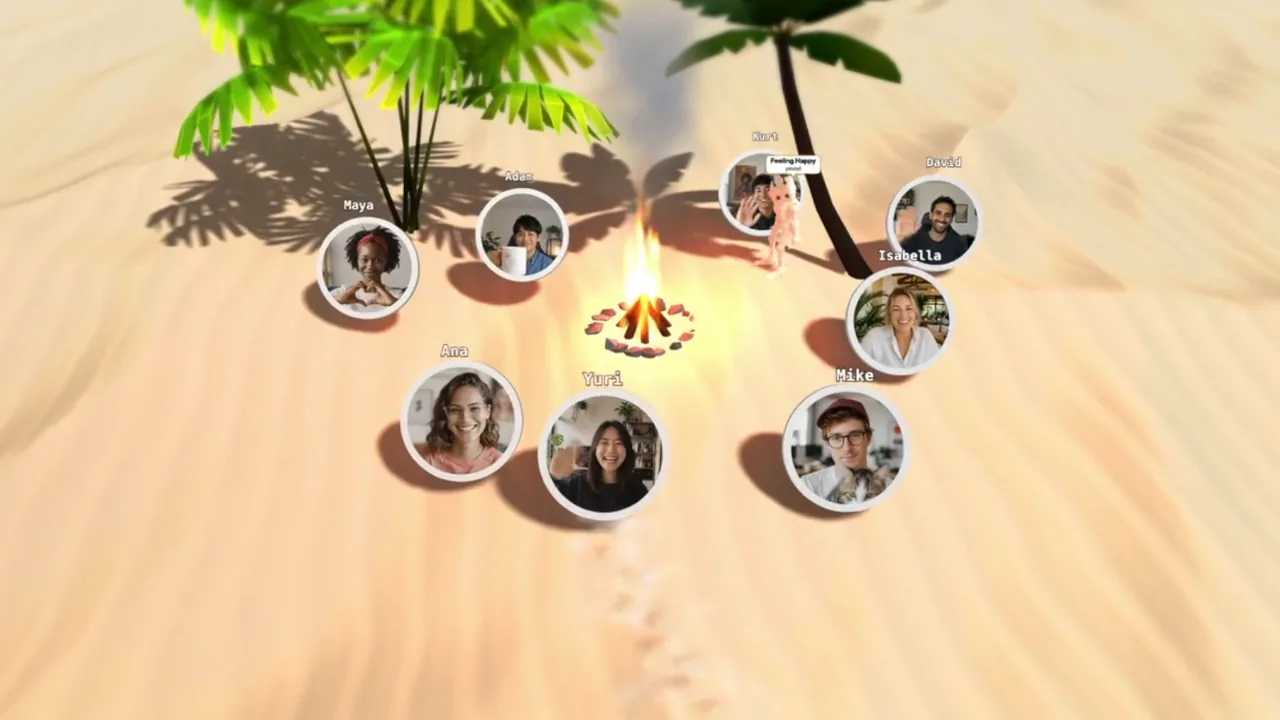 A flat.social spatial room with avatars gathered in small groups