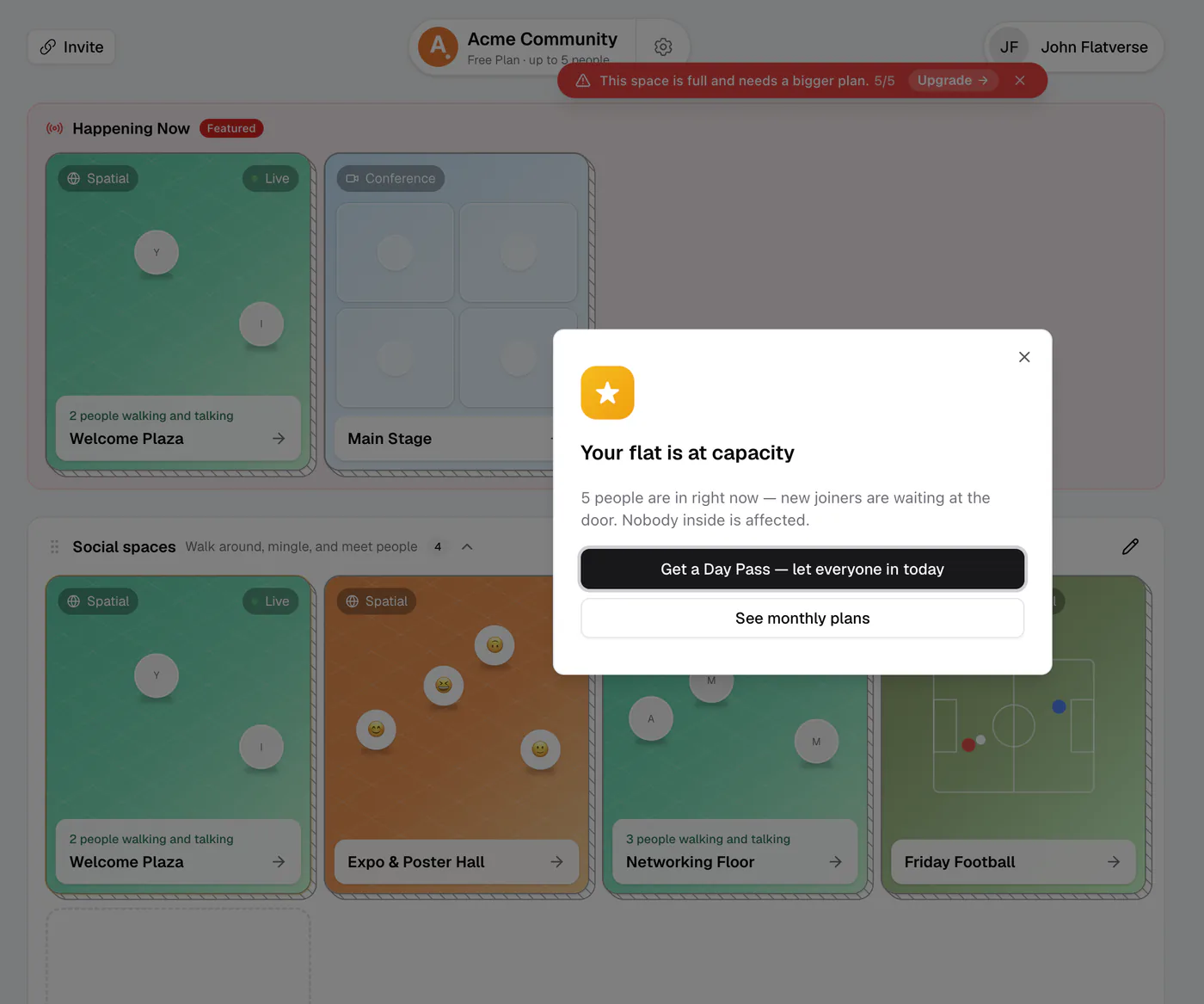 The Your flat is at capacity dialog with Day Pass and monthly plan options